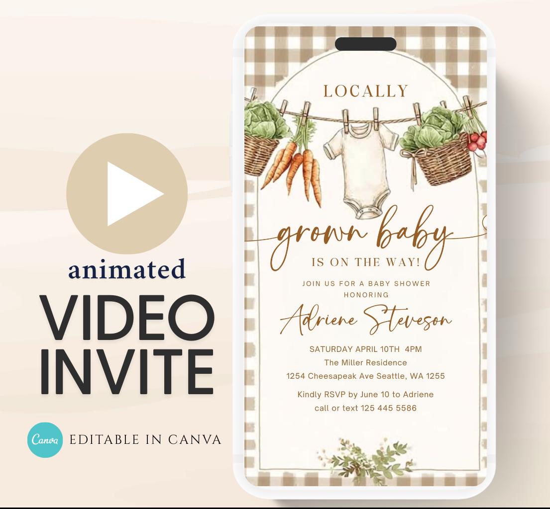Locally Grown Baby Shower Invitation, Farmers Market Baby Shower Invite, Homegrown, Greenery baby shower video invitation-1