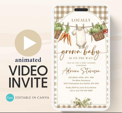 Locally Grown Baby Shower Invitation, Farmers Market Baby Shower Invite, Homegrown, Greenery baby shower video invitation-1