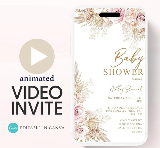 Boho Baby Shower Invitation, Boho Floral Baby Shower, Baby Girl Baby Shower Invite, pampas Invitation, Boho Baby Invitation Animated-1