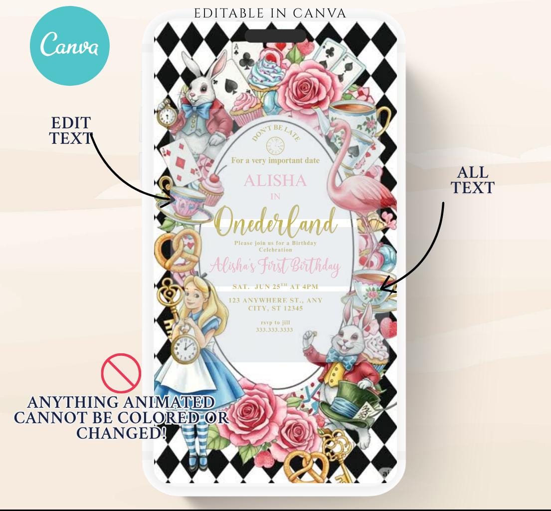 Video Wonderland birthday invitation, Alice in wonderland birthday invitation, Mad hatter first birthday, Wonderland first birthday invite
