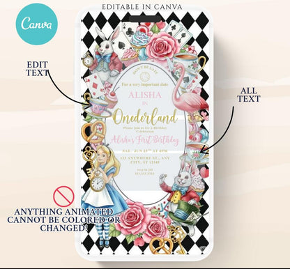 Video Wonderland birthday invitation, Alice in wonderland birthday invitation, Mad hatter first birthday, Wonderland first birthday invite