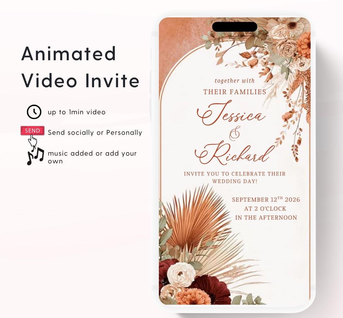 Animated Wedding invitation, Wedding Boho Terracotta Pampas invitation, wedding invitation template, Video Wedding invite, wedding invite-4