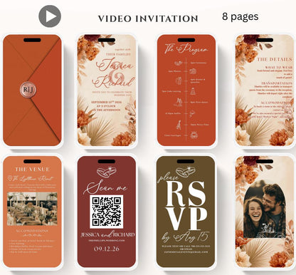 Animated Wedding invitation, Wedding Boho Terracotta Pampas invitation, wedding invitation template, Video Wedding invite, wedding invite-9