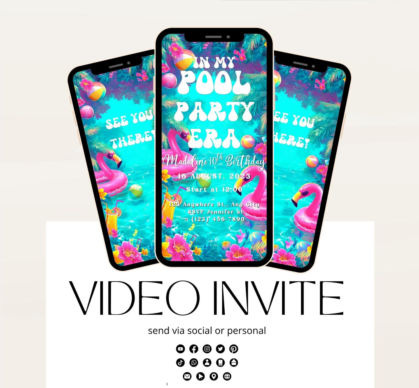 Pool party birthday invitation, pool party digital invitation, summer party invitation, birthday invitation, Pool invitation-5