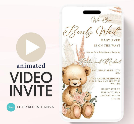 Teddy Bear Baby Shower Invitation We Can Bearly Wait Invite Boho Bohemian pink Pampas Grass Teddy Bear Template Boy Animated video- 2