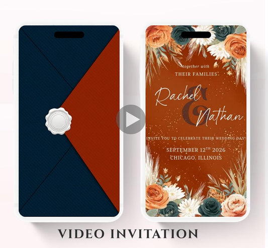 Navy blue and order floral Wedding invitation, Wedding  invitation, wedding invitation template, Video Wedding invite, wedding invite-14