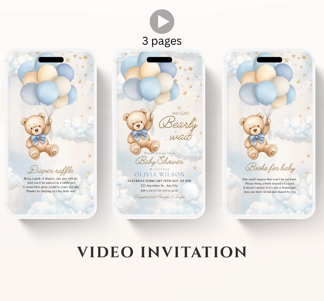 Video We Can Bearly Wait Baby Shower Invitation Teddy Bear Balloon Bear Theme Invites, Baby shower teddy bear invite animated-1