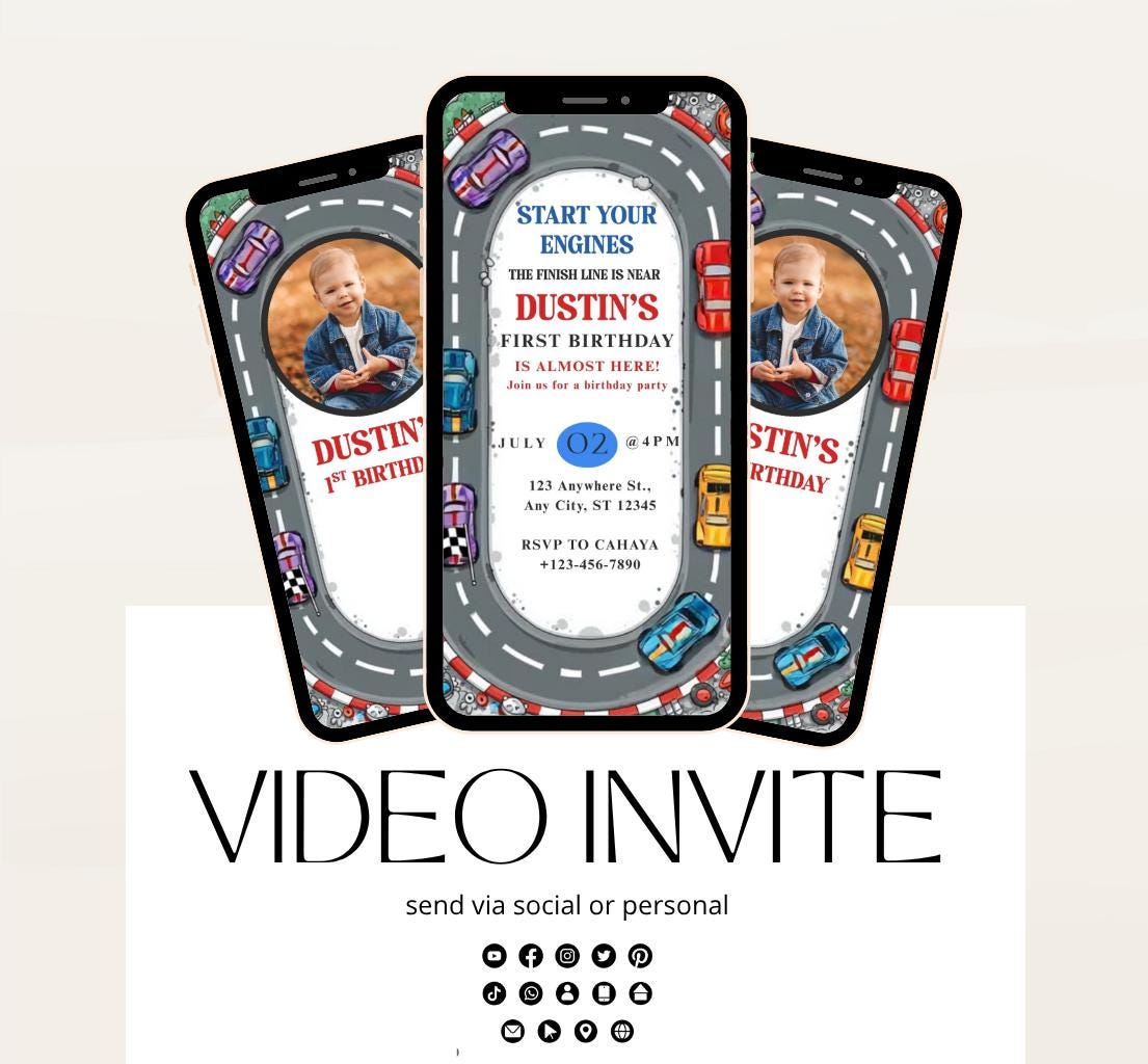 Race car Fast One Birthday Invitation, Video Race Car Birthday Invite, Editable 1st Birthday Boy Party Invitation First Birthday-1