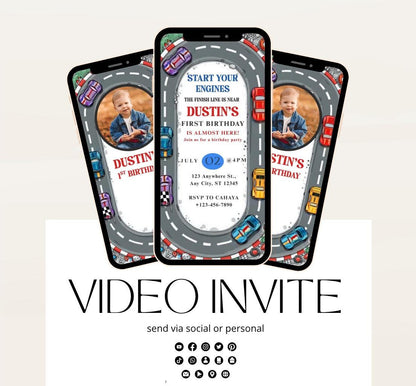 Race car Fast One Birthday Invitation, Video Race Car Birthday Invite, Editable 1st Birthday Boy Party Invitation First Birthday-1