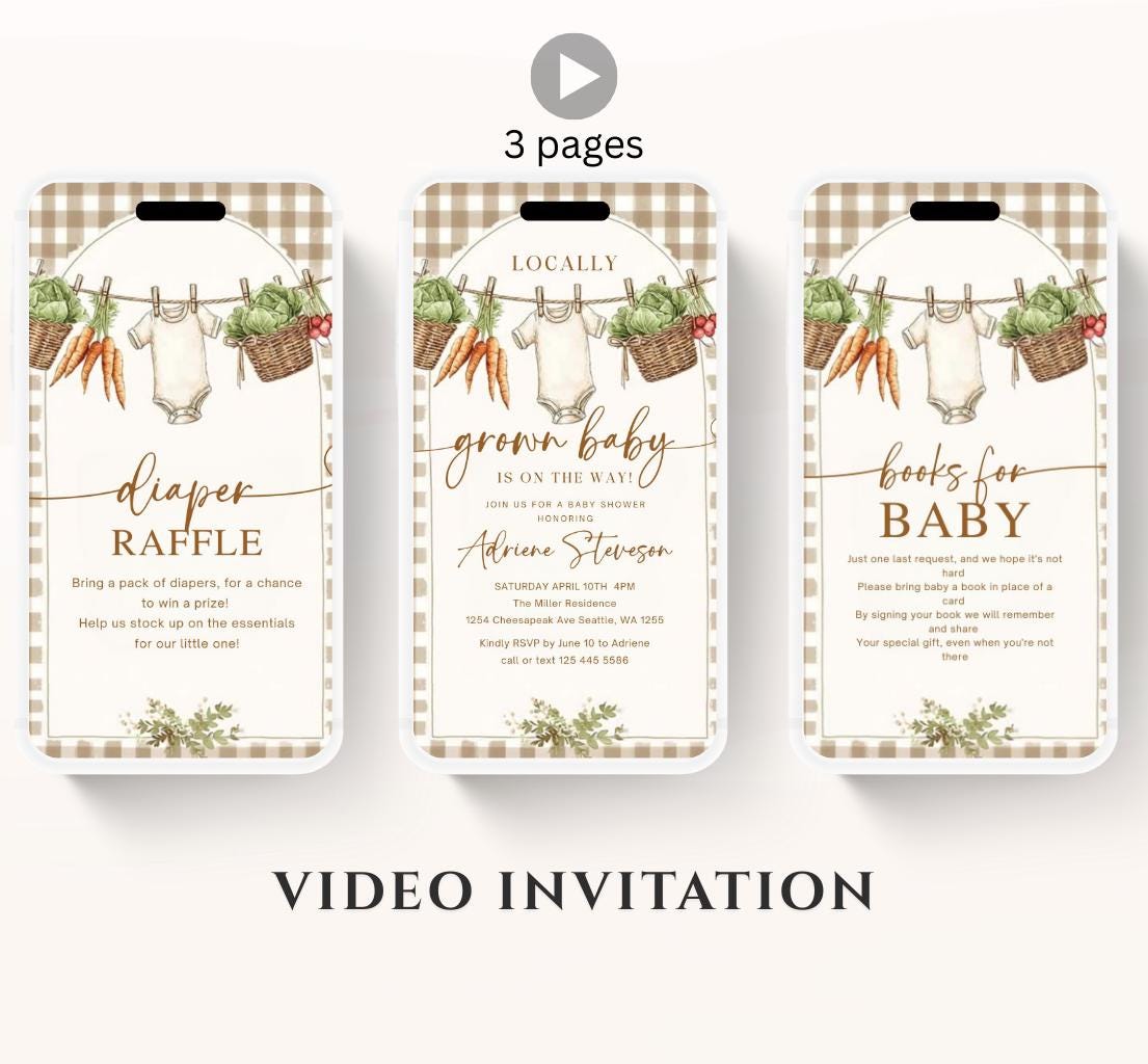 Locally Grown Baby Shower Invitation, Farmers Market Baby Shower Invite, Homegrown, Greenery baby shower video invitation-1