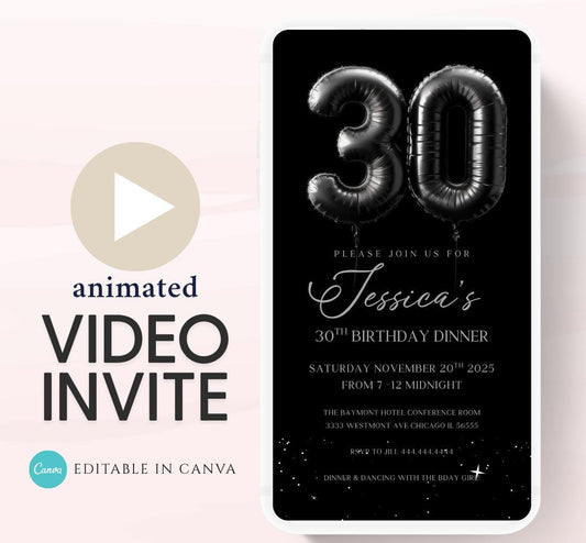 Animated 30th Evite Birthday for Adult Invite, Modern 30th Birthday Invite, Digital Animated Black balloons Digital 30th Birthday-3