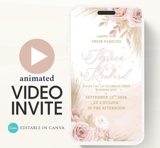 Pink and blush boho florals Wedding invitation, Wedding  invitation, wedding invitation template, Video Wedding invite, wedding invite-12