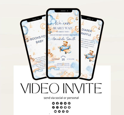Flying Teddy Bear Baby Shower Invitation We Can Bearly Wait Invite balloon Teddy Bear Template Boy Animated video- 2