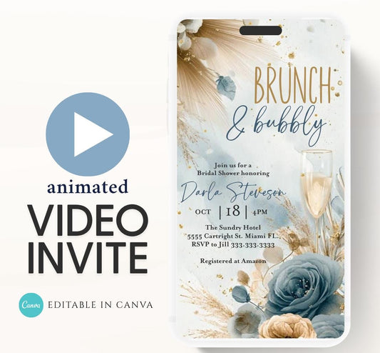 Brunch and Bubbly Bridal Shower Invitation Video, Champagne Shower Invite, Boho Blue Bridal Shower Invitation, Brunch Invite-1