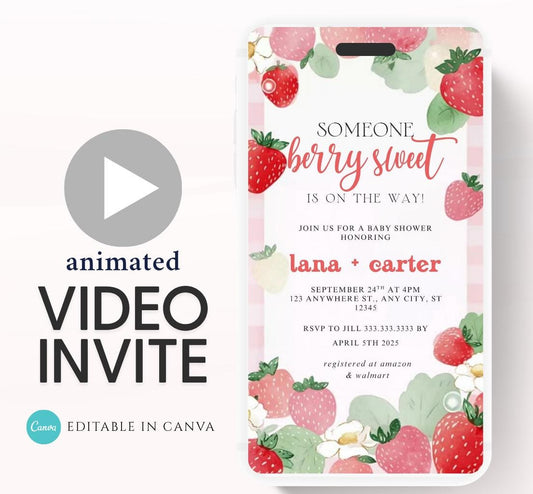 Animated Berry Baby Shower Invitation , Berry Sweet Invite Baby Shower Strawberries berries Minimal Girl Baby Shower Blush Pink Strawberry-2