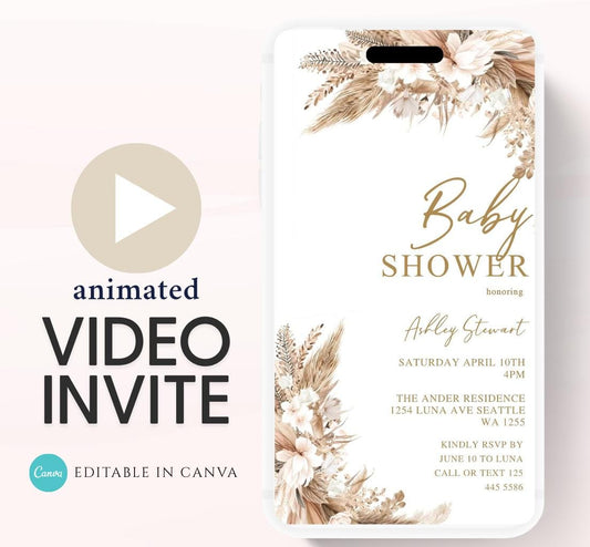 Boho Baby Shower Invitation, Boho Floral Baby Shower, Baby Girl Baby Shower Invite, pampas Invitation, Boho Baby Invitation Animated-2