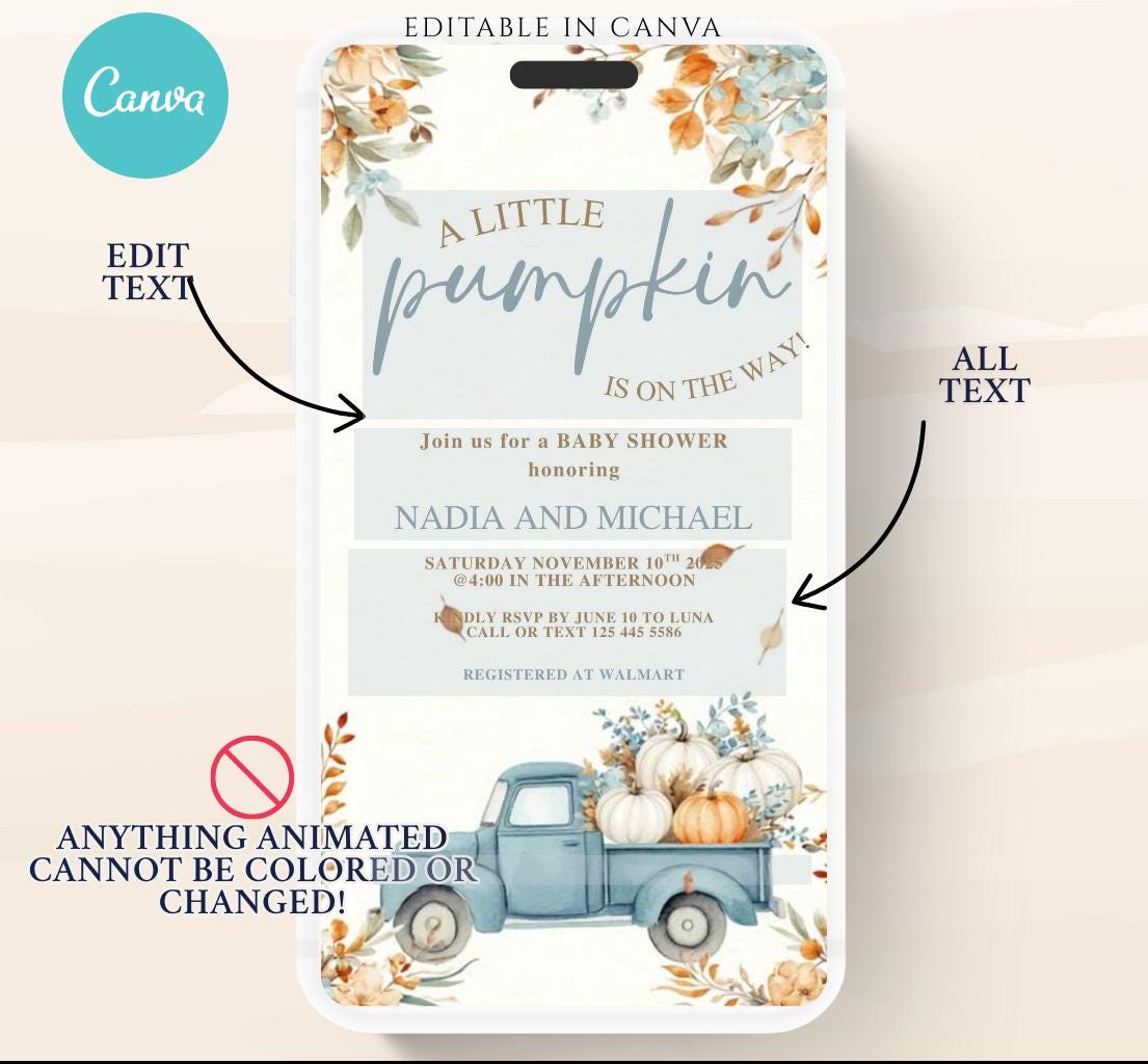 Video Fall Baby Shower Invitation Little Pumpkin Baby Shower Invitation Autumn Baby Shower Fall Hello Baby Shower pumpkin truck -6