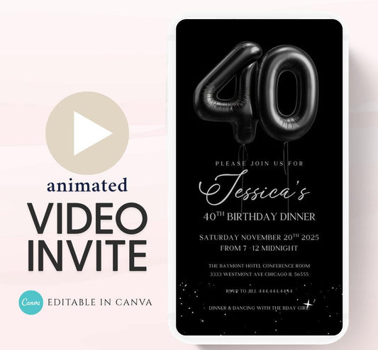 Animated 40th Evite Birthday for Adult Invite, Modern 40th Birthday Invite, Digital Animated black balloon Digital 40th Birthday-3