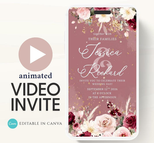 Pink and Burgundy flowers Wedding invitation, Wedding  invitation, wedding invitation template, Video Wedding invite, wedding invite-7