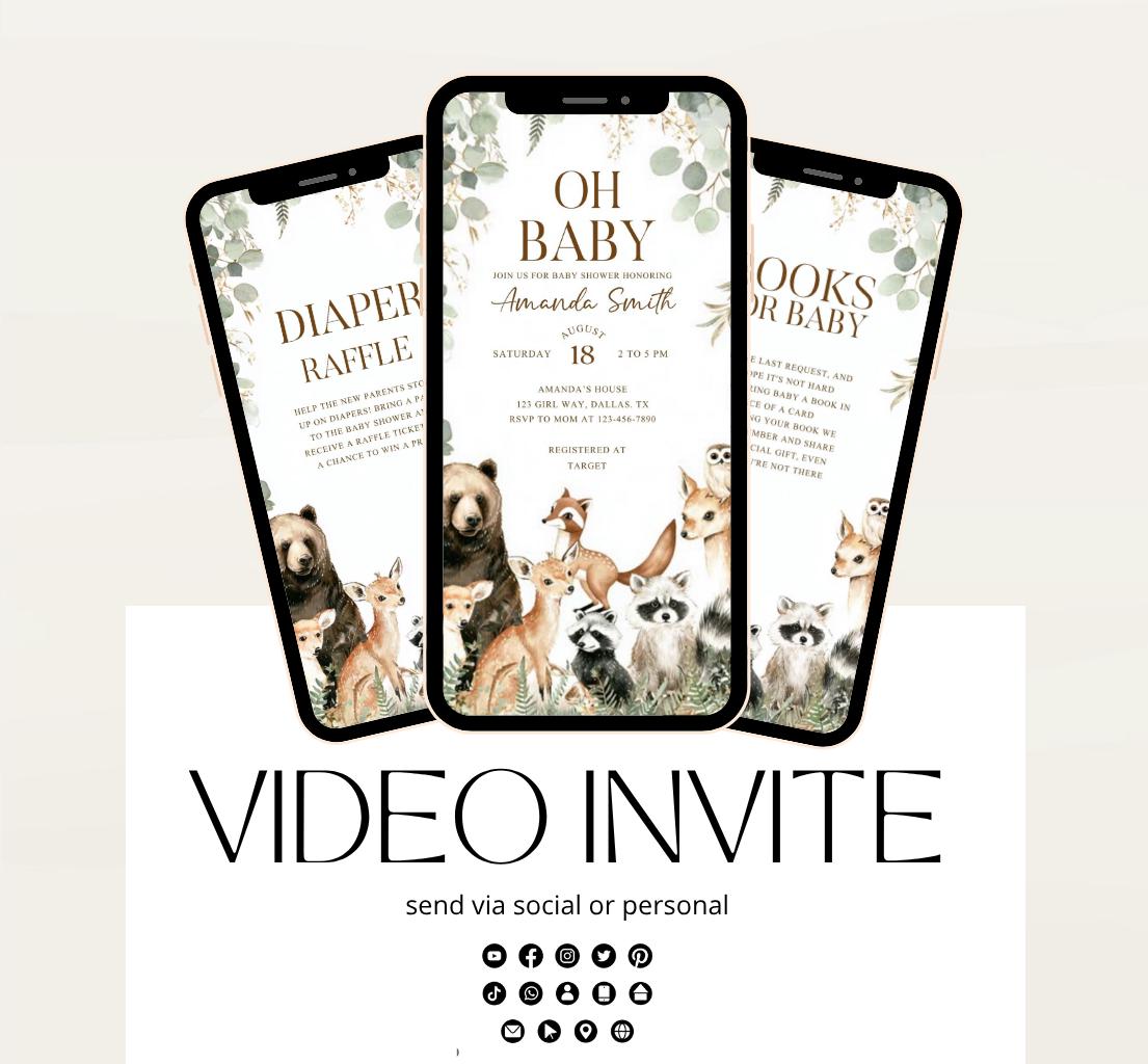 Animated Woodland Baby Shower Invitation, Boy Woodland Baby Shower Invite, Woodland Animals Baby Shower, Greenery Boho invitation Woodland-5