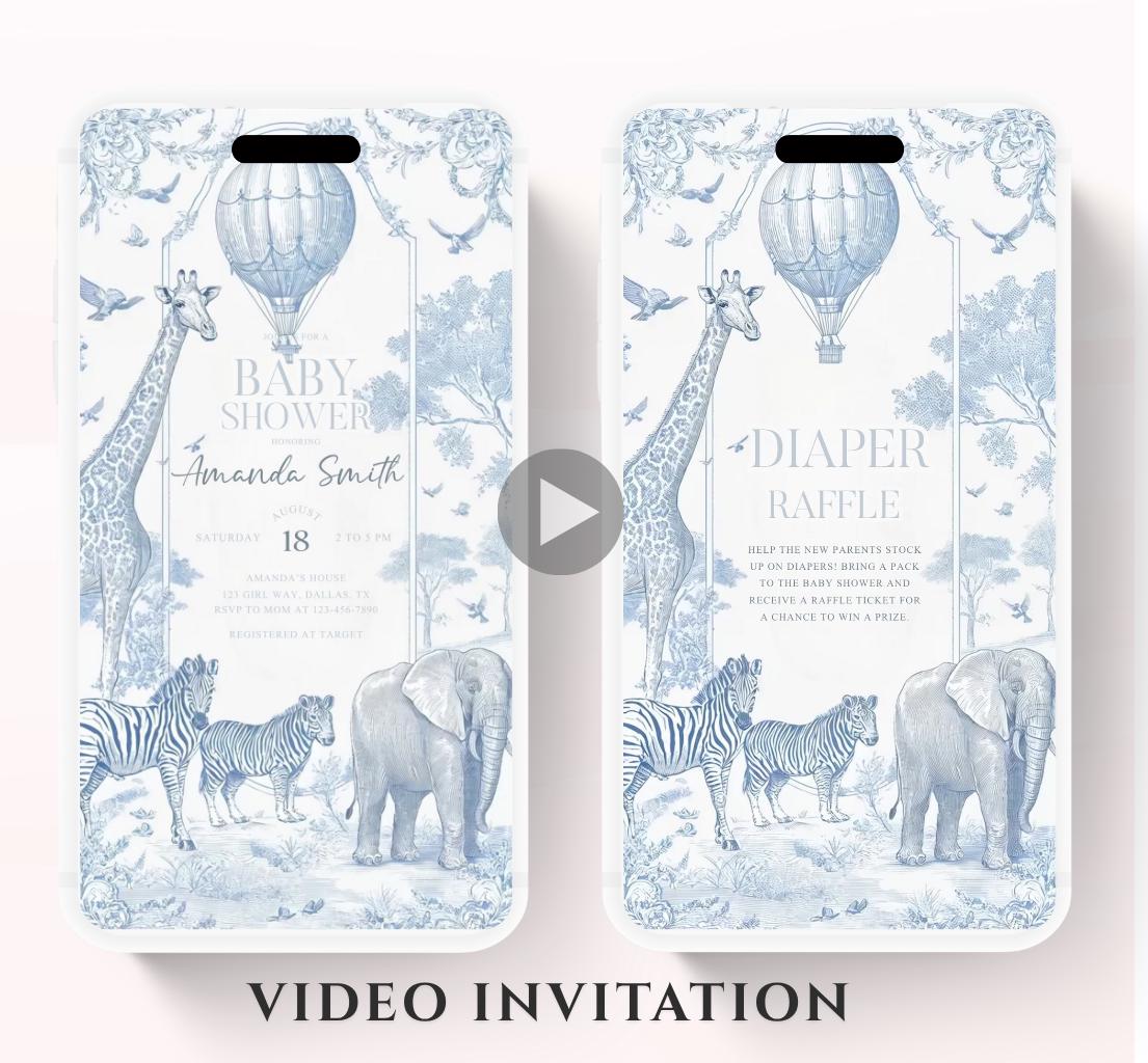 Toile de jouy Safari Baby Shower Invitation, Safari Animal Baby Boy Shower Digital Video Toile de Jouy Baby Shower Invite Safari-1
