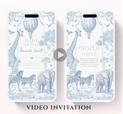 Toile de jouy Safari Baby Shower Invitation, Safari Animal Baby Boy Shower Digital Video Toile de Jouy Baby Shower Invite Safari-1
