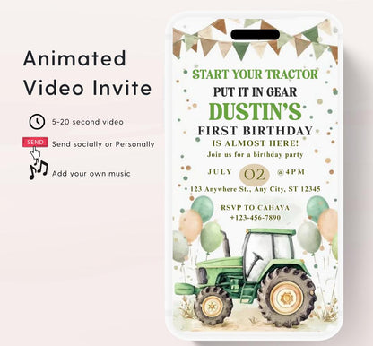 Video Green Tractor Electronic Invitation Template, Green Tractor Birthday Phone Invitation, Green Tractor Birthday Invitation-1
