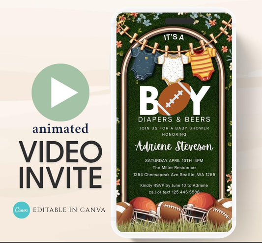 Animated Football Baby Shower Invitation Template, Tailgate DIY Oh Boy Baby Shower Invite, Touchdown Baby Shower, video invitation-1