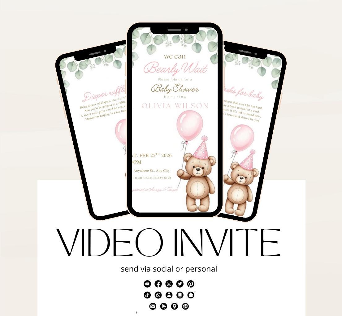 Teddy Bear Baby Shower Invitation We Can Bearly Wait Invite balloon Teddy Bear Template girl Animated balloon teddy bear video- 5