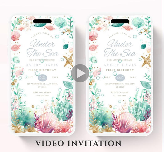 Animated Under The Sea Birthday Invitation, Editable Ocean Animals Party Invite, Magical Sea Life Invitation Sea Beach birthday invite-1