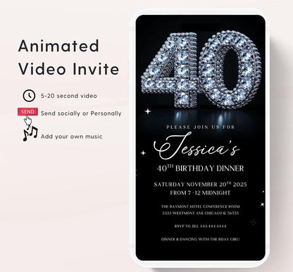 Animated 40th Evite Birthday for Adult Invite, Modern 40th Birthday Invite, Digital Animated Diamond Digital 40th Birthday-1