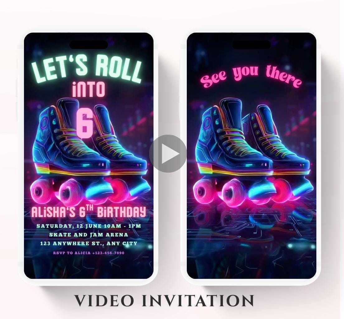 Roller Skating Birthday Invitation, Skate Party Birthday Invite, Roller Skating, Retro Neon Lights, Rollerblade Skate Rink Editable Video-2
