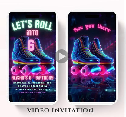 Roller Skating Birthday Invitation, Skate Party Birthday Invite, Roller Skating, Retro Neon Lights, Rollerblade Skate Rink Editable Video-2