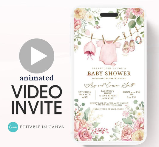 Boho Girl Clothesline Baby Shower Invitation, Boho Baby Clothes, Editable Instant Digital Animated Video invitation-1