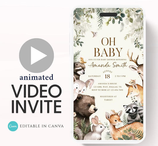 Animated Woodland Baby Shower Invitation, Boy Woodland Baby Shower Invite, Woodland Animals Baby Shower, Greenery Boho invitation Woodland-4