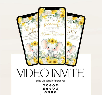 Video Sunflower Elephant Baby Shower Invitation, Summer Watercolor Floral sunflower baby shower invitaiton, Elephant baby invite-1