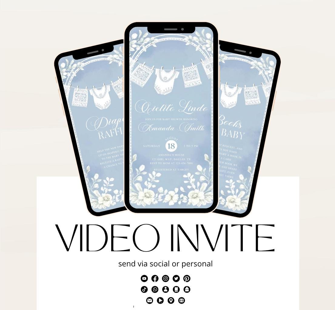 Video Cielito Lindo Baby Shower Invitation, Mexican Baby shower Editable Talavera Theme Papel Picado Invite. Dusty Blue template-2