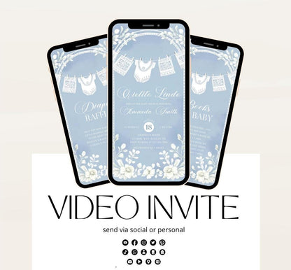 Video Cielito Lindo Baby Shower Invitation, Mexican Baby shower Editable Talavera Theme Papel Picado Invite. Dusty Blue template-2