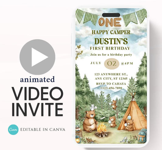 One Happy Camper Birthday Invitation, Boy First Birthday, Boy Happy camper Invitation, Camping 1st Birthday, Canva Video Invitation-3