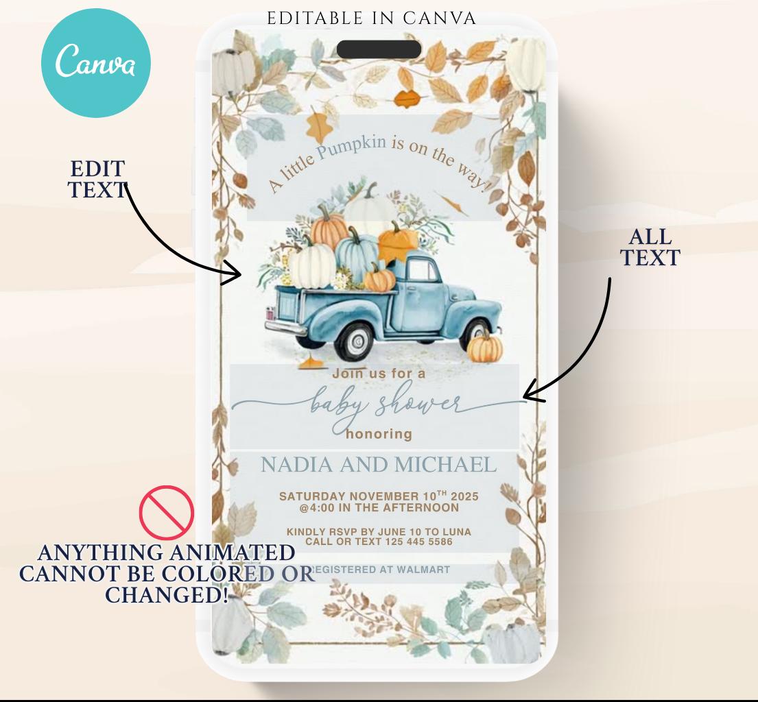 Video Fall Baby Shower Invitation Little Pumpkin Baby Shower Invitation Autumn Baby Shower Fall Hello Baby Shower pumpkin truck -5