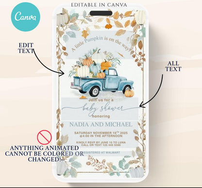 Video Fall Baby Shower Invitation Little Pumpkin Baby Shower Invitation Autumn Baby Shower Fall Hello Baby Shower pumpkin truck -5