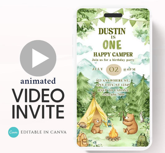 One Happy Camper Birthday Invitation, Boy First Birthday, Boy Happy camper Invitation, Camping 1st Birthday, Canva Video Invitation-2