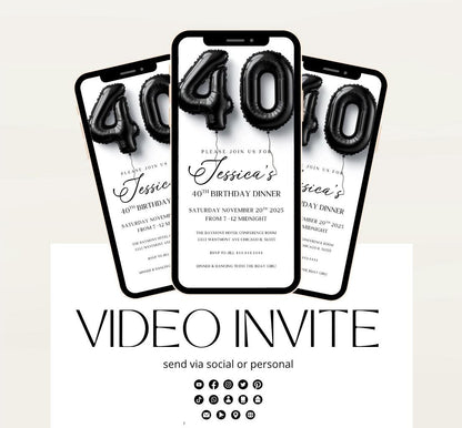 Animated 40th Evite Birthday for Adult Invite, Modern 40th Birthday Invite, Digital Animated Diamond Digital 40th Birthday-2