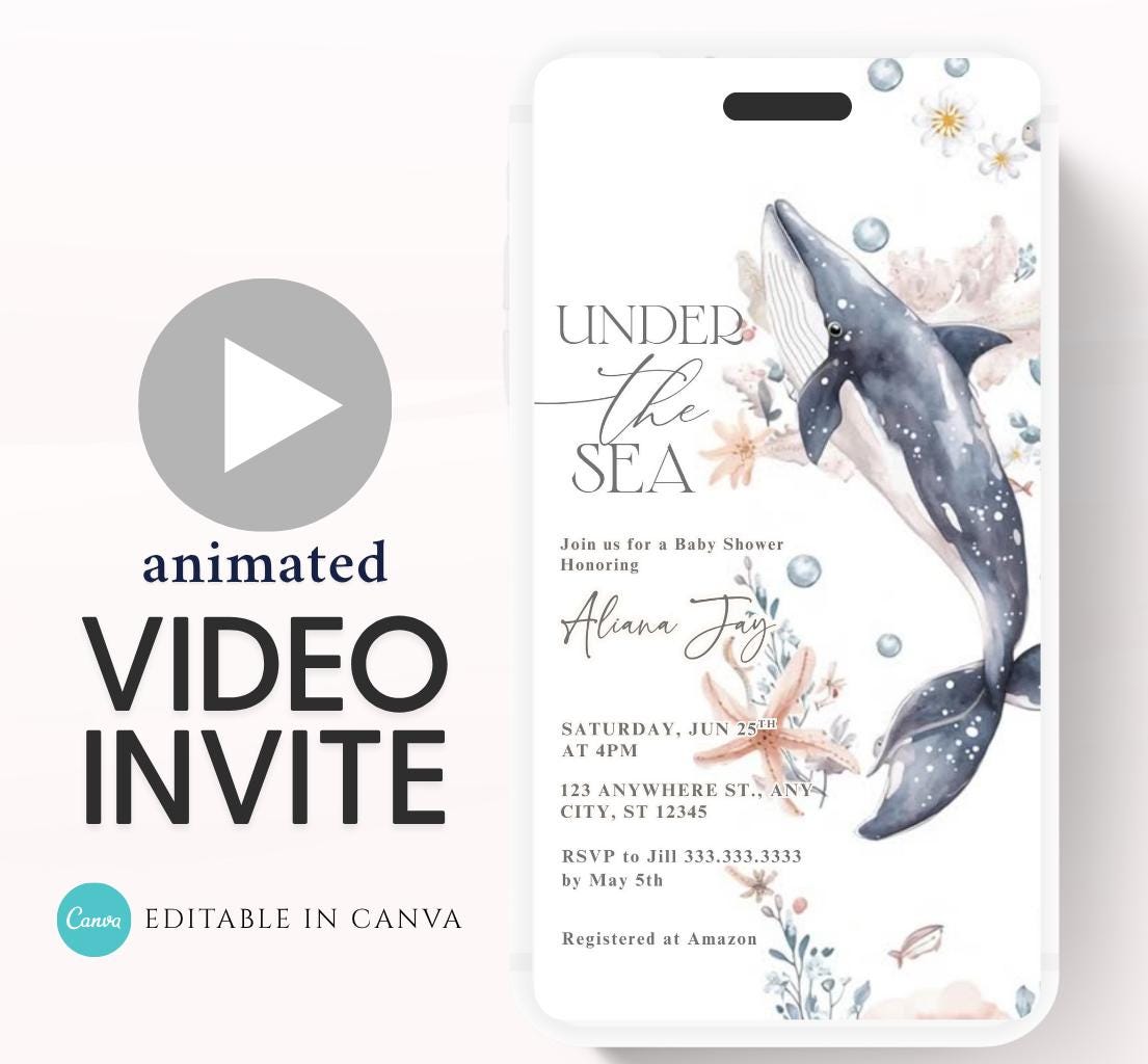 Video Under The Sea Baby Shower Invitation Bundle, Whale Nautical Baby Shower Invite Set, Sea Creatures Ocean Baby Shower Invite-1