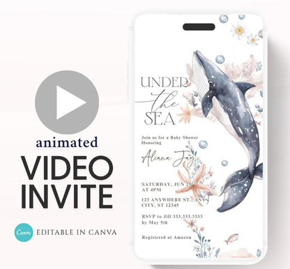 Video Under The Sea Baby Shower Invitation Bundle, Whale Nautical Baby Shower Invite Set, Sea Creatures Ocean Baby Shower Invite-1