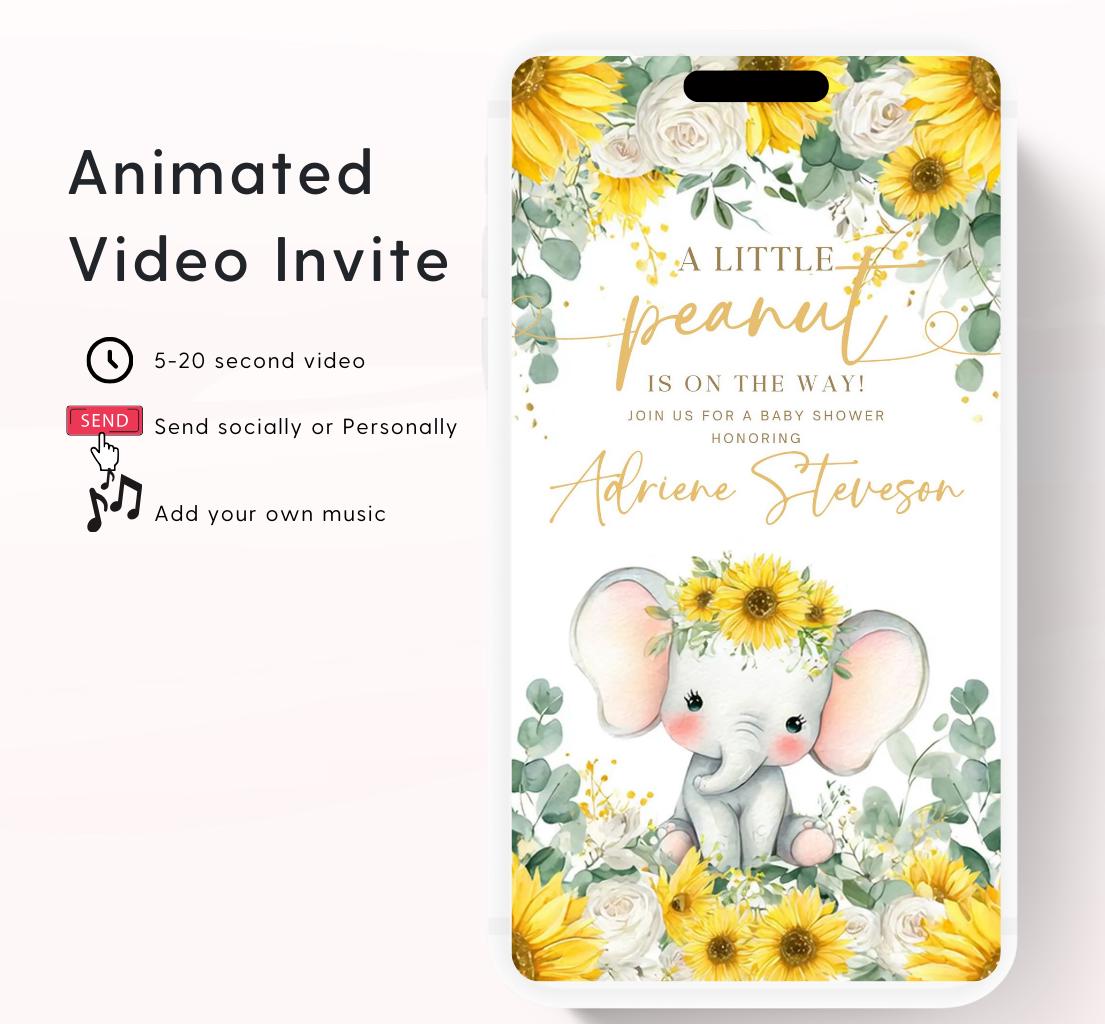 Video Sunflower Elephant Baby Shower Invitation, Summer Watercolor Floral sunflower baby shower invitaiton, Elephant baby invite-1