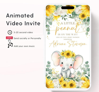Video Sunflower Elephant Baby Shower Invitation, Summer Watercolor Floral sunflower baby shower invitaiton, Elephant baby invite-1