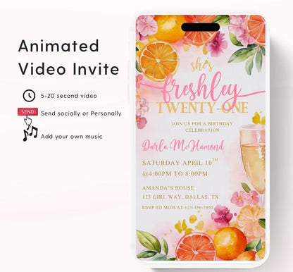 Citrus Birthday Brunch Invite. Digital Animated 21st birthday Party Invitation. Lemon Yellow and Pink Citrus Birthday Video invite-2