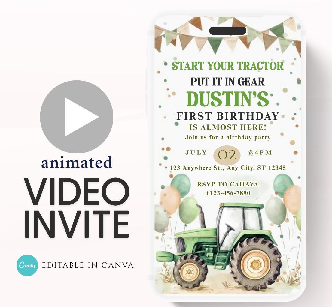 Video Green Tractor Electronic Invitation Template, Green Tractor Birthday Phone Invitation, Green Tractor Birthday Invitation-1