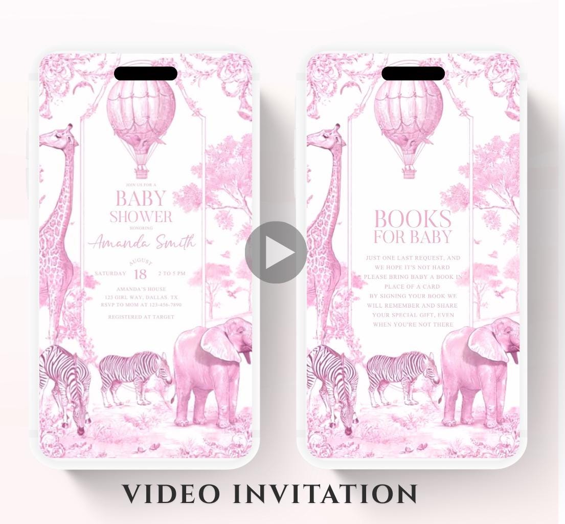 Pink Toile de jouy Safari Baby Shower Invitation, Safari Animal Baby girl Shower Digital Video Toile de Jouy Baby Shower Invite Safari-2